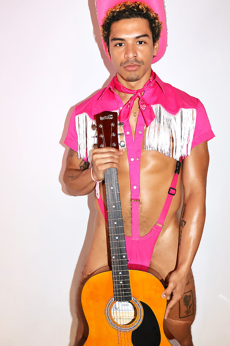 Vintage Cowboy Fringe Strap Thong Bodysuit in Fuchsia, view 2