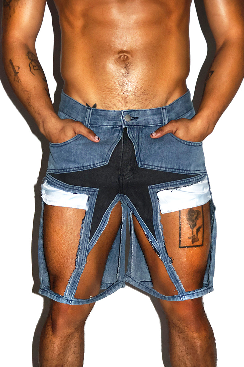 Star Cutout Denim  Shorts- Blue