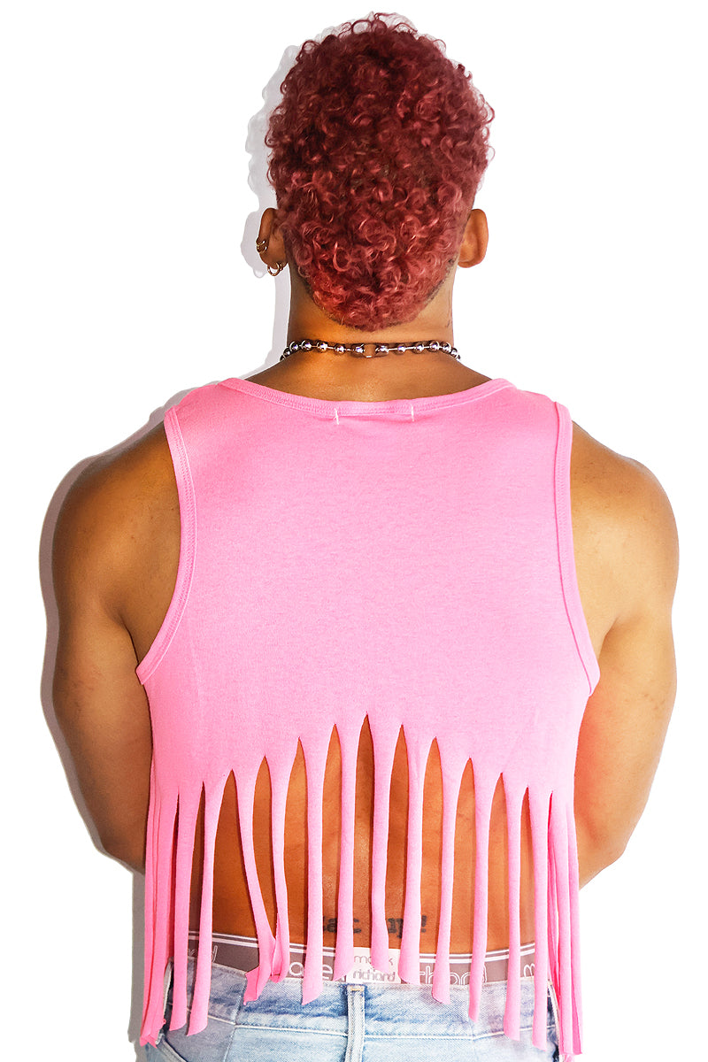 Bloom For You Fringe Halter Peak Crop Racerback Tank- Neon Pink