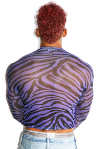 Exotic Nipples Zebra Mesh Long Sleeve Crop Tee- Purple