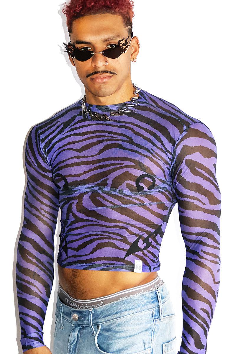 Exotic Nipples Zebra Mesh Long Sleeve Crop Tee- Purple