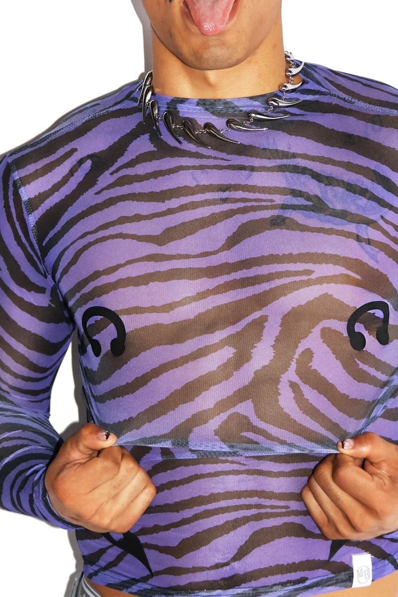 Exotic Nipples Zebra Mesh Long Sleeve Crop Tee- Purple