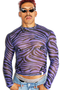 Exotic Nipples Zebra Mesh Long Sleeve Crop Tee- Purple