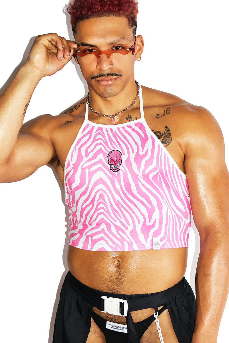 Pretty Dead Zebra Halter Crop Tank- Pink