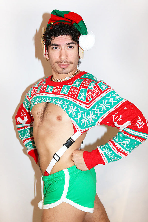 Holiday Cheer Sweater Strap Thong Bodysuit- Green