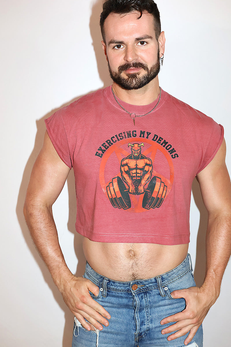 Exersizing My Demons Vintage Oversized Cutoff Crop Tee- Red