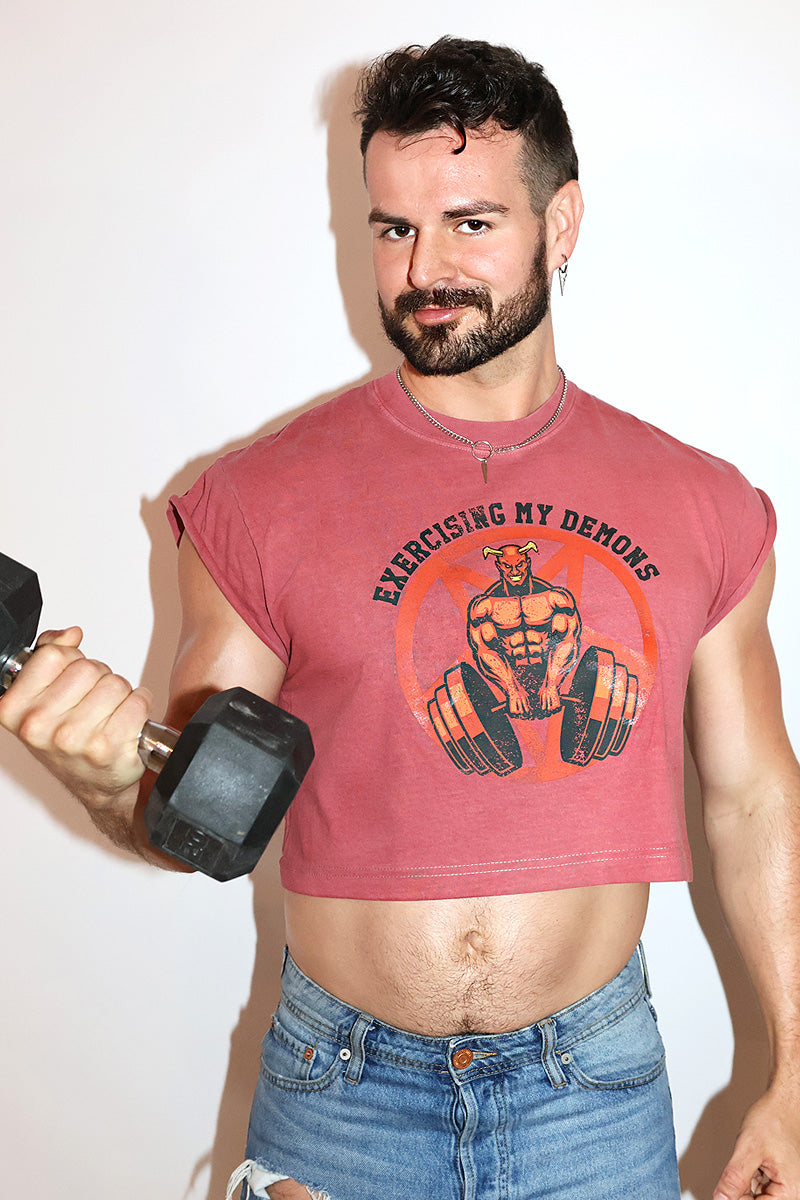 Exersizing My Demons Vintage Oversized Cutoff Crop Tee- Red