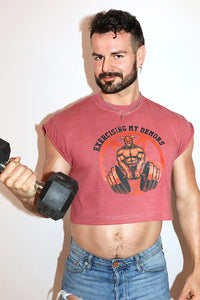 Exersizing My Demons Vintage Oversized Cutoff Crop Tee- Red