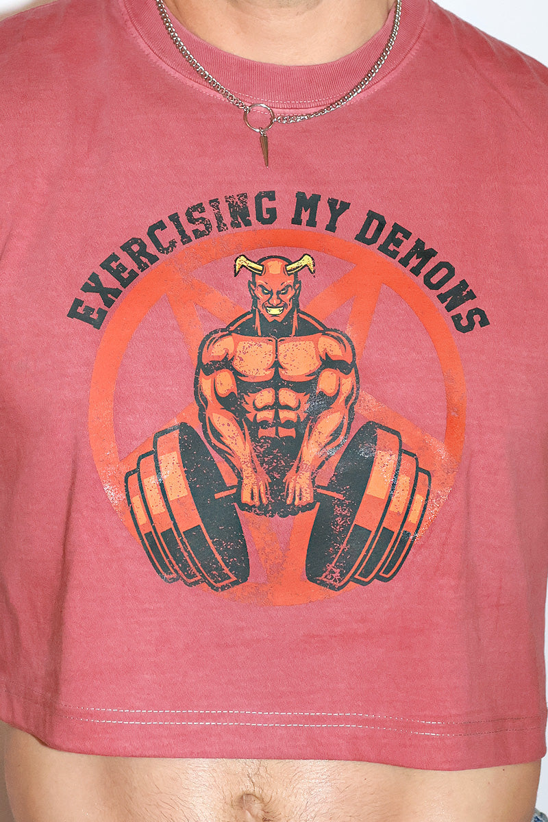 Exersizing My Demons Vintage Oversized Cutoff Crop Tee- Red