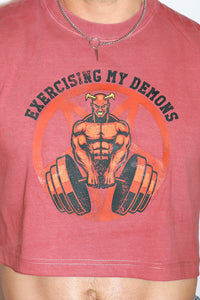 Exersizing My Demons Vintage Oversized Cutoff Crop Tee- Red