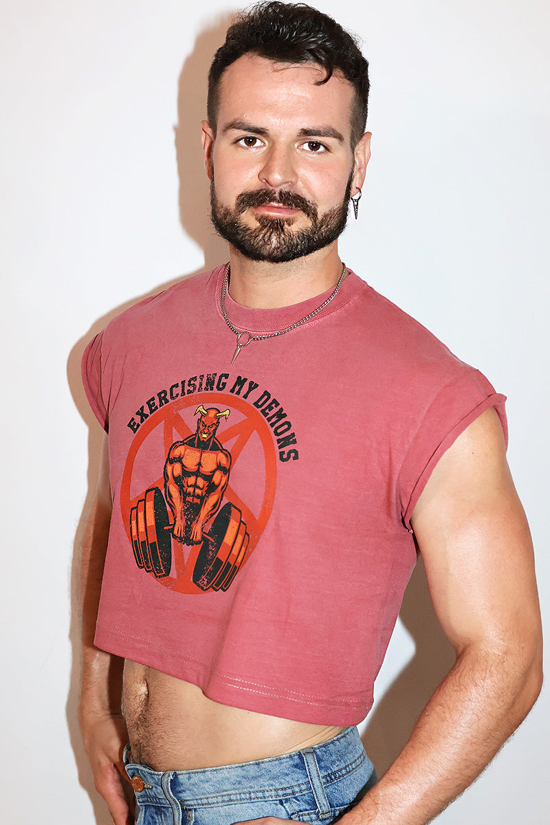 Exersizing My Demons Vintage Oversized Cutoff Crop Tee- Red