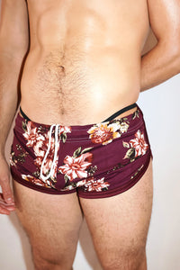 Floral Garden Shorty Running Shorts- Burgundy