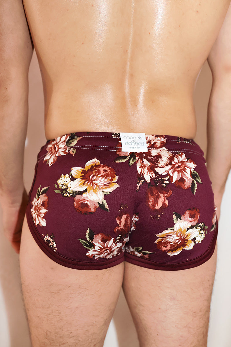 Floral Garden Shorty Running Shorts- Burgundy