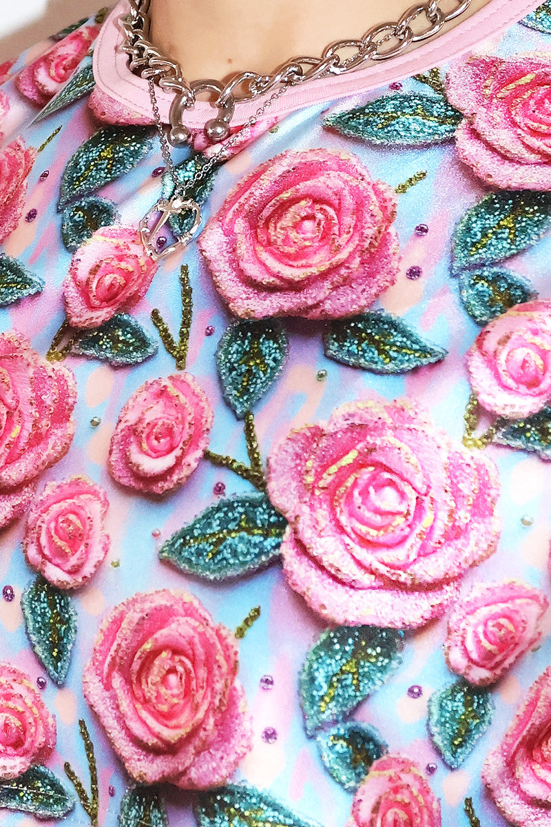 Rosebud Sparkles Print Extreme Crop Tank- Pink