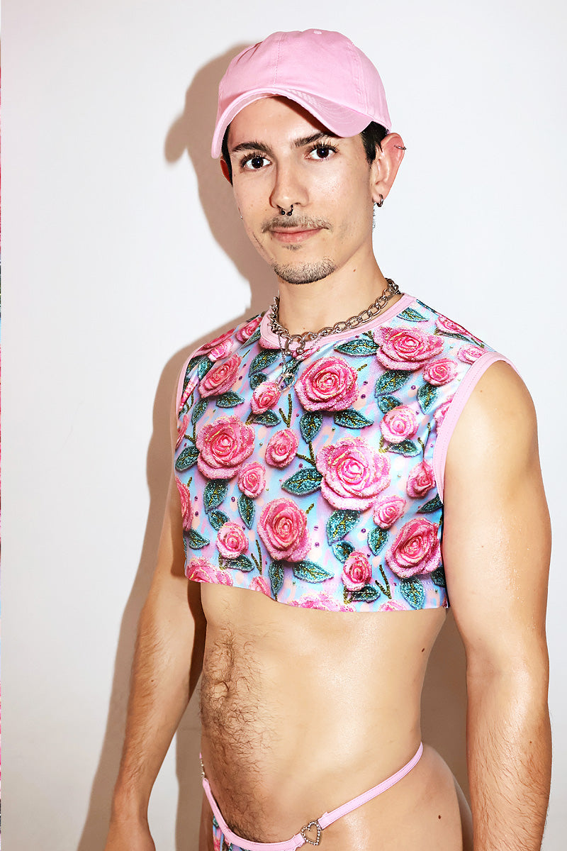 Rosebud Sparkles Print Extreme Crop Tank- Pink