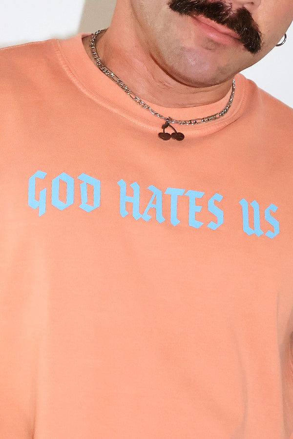 God Hates Us Oversized Box Crop Tank in Ornage, view 2