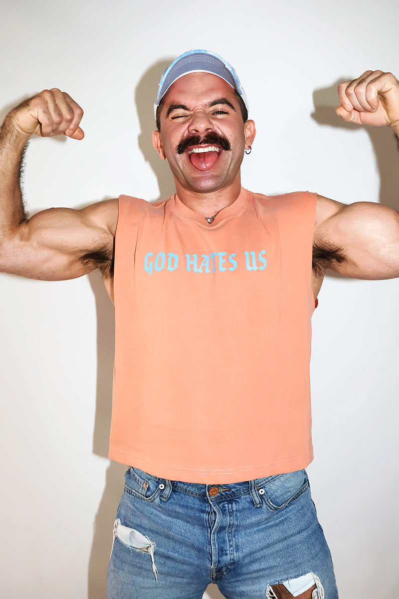 God Hates Us Oversized Box Crop Tank- Ornage