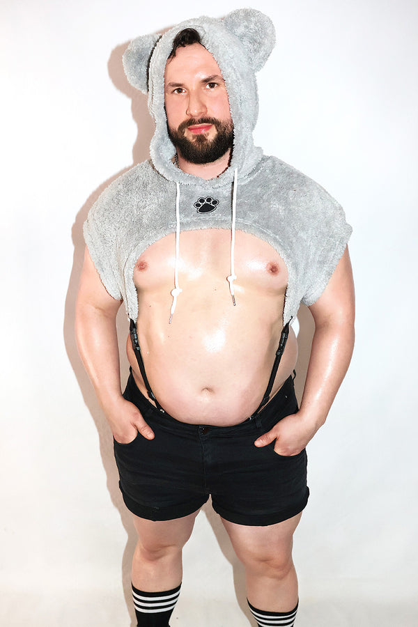 Filthy Paws Bear Hoodie Strap Thong Bodysuit- Grey