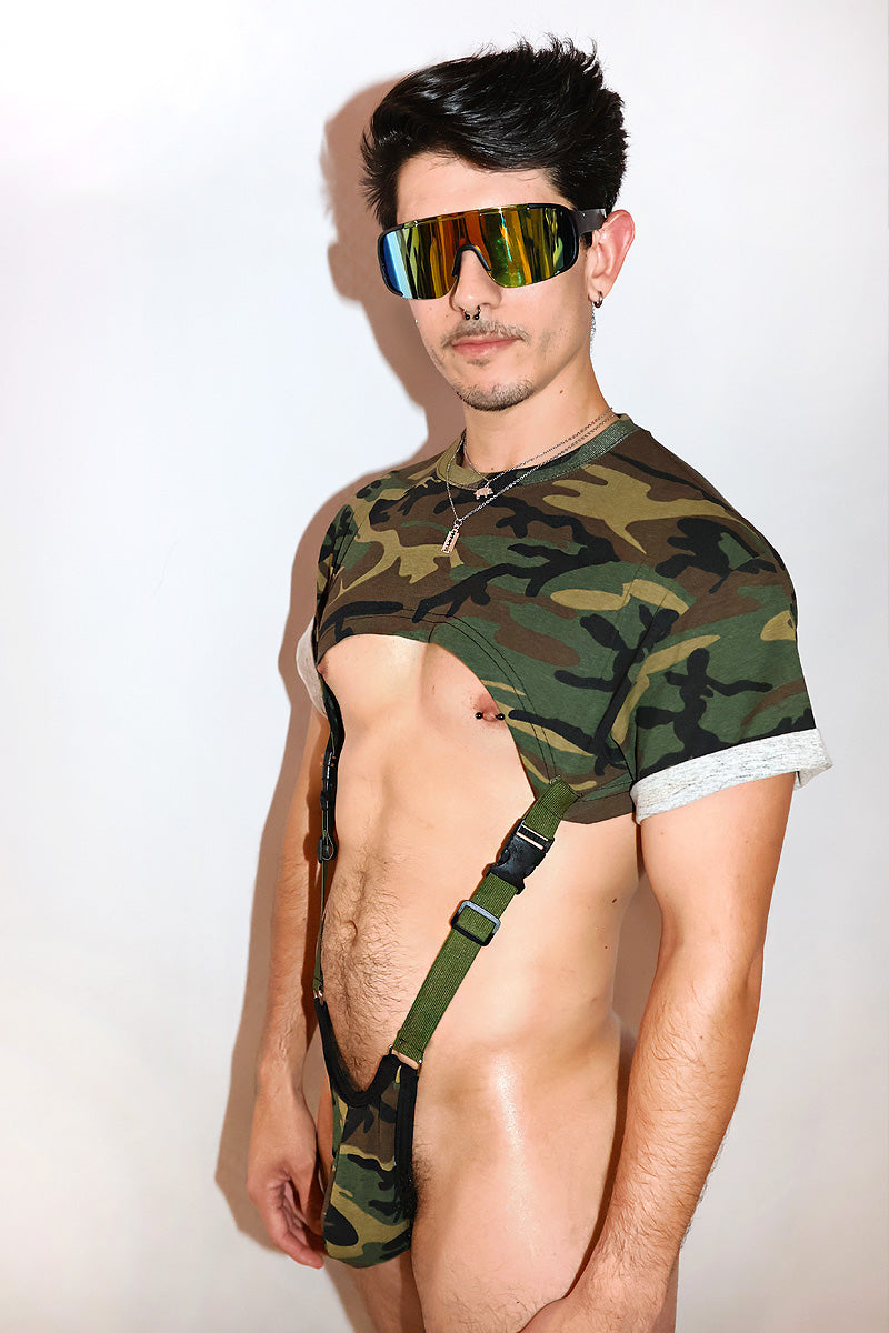 Army Camo Tee Harness Hoodie Strap Thong Bodysuit- Black