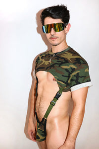 Army Camo Tee Harness Hoodie Strap Thong Bodysuit- Black
