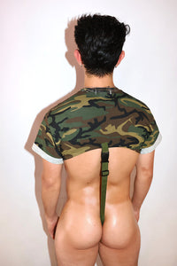 Army Camo Tee Harness Hoodie Strap Thong Bodysuit- Black
