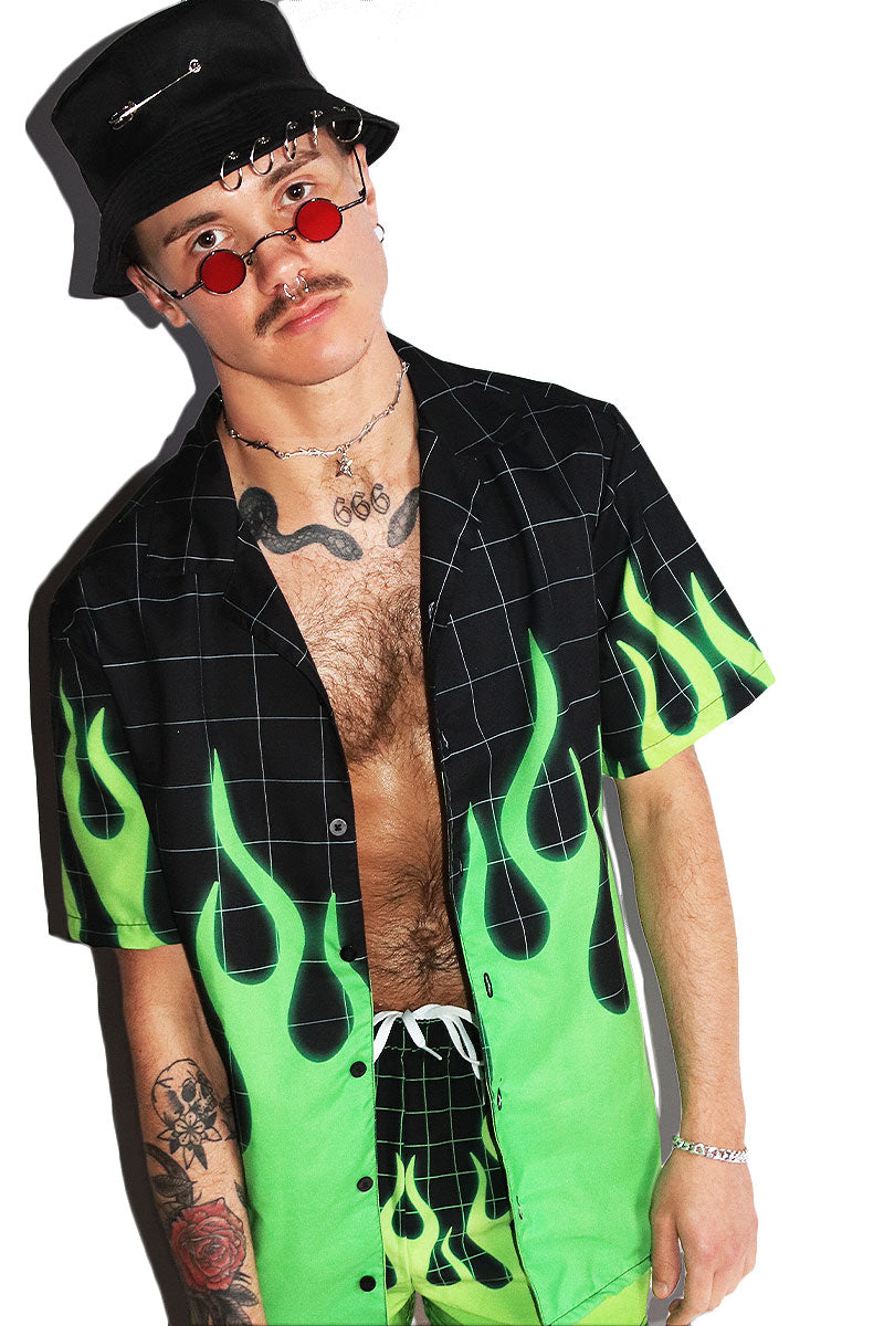 Chemical Fire All Over Print Relax Button Shirt- Green
