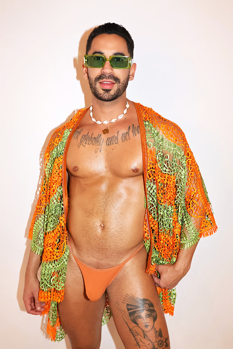 Citrus Season Lace Fringe Kaftan Lounge Robe - Green