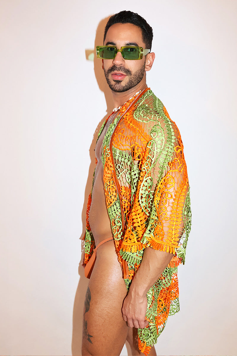 Citrus Season Lace Fringe Kaftan Lounge Robe - Green