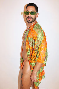 Citrus Season Lace Fringe Kaftan Lounge Robe - Green