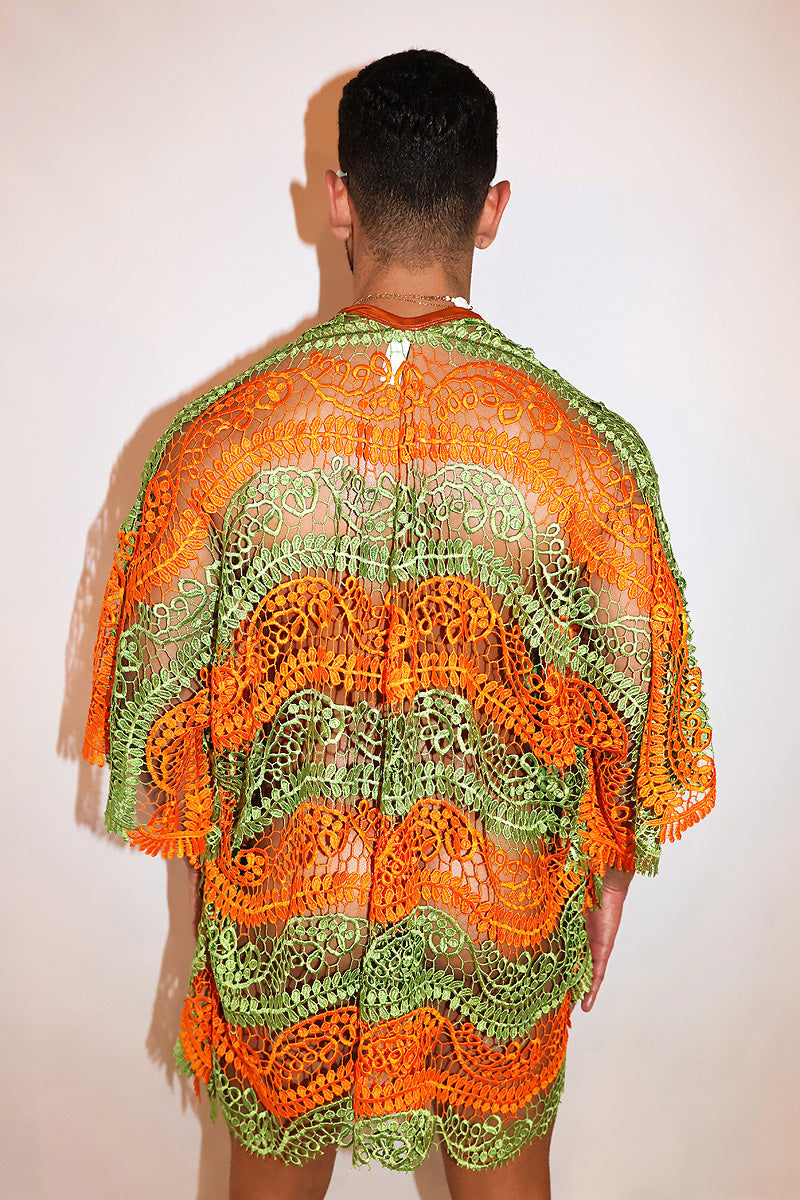 Citrus Season Lace Fringe Kaftan Lounge Robe - Green