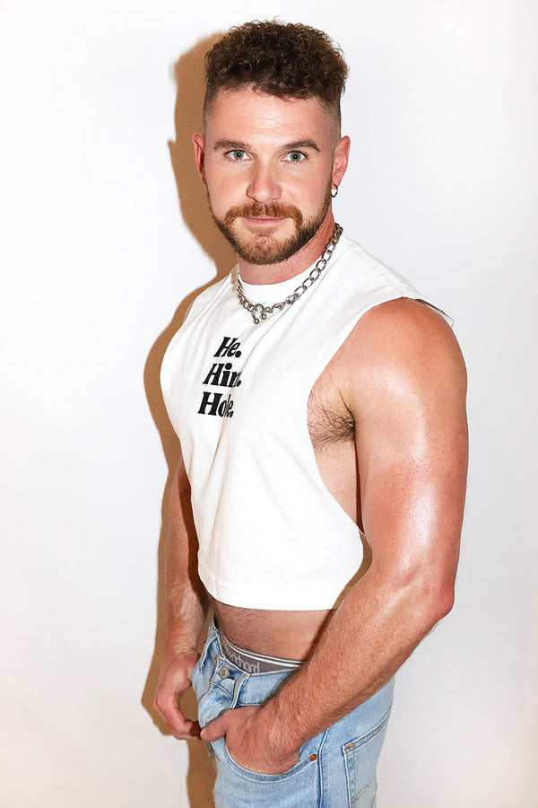 He Him Hole Crop Low Armhole Tank- White