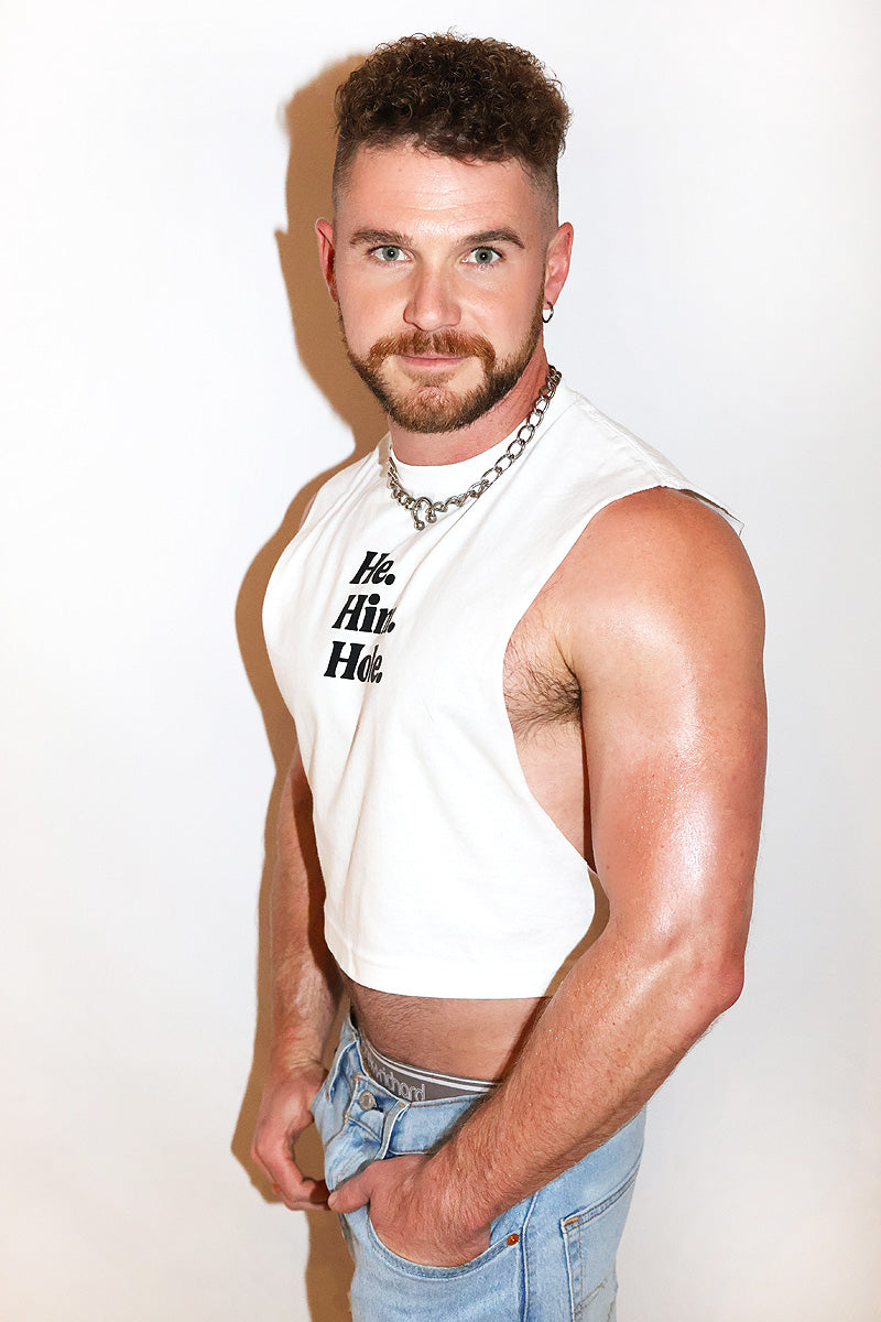He Him Hole Crop Low Armhole Tank- White