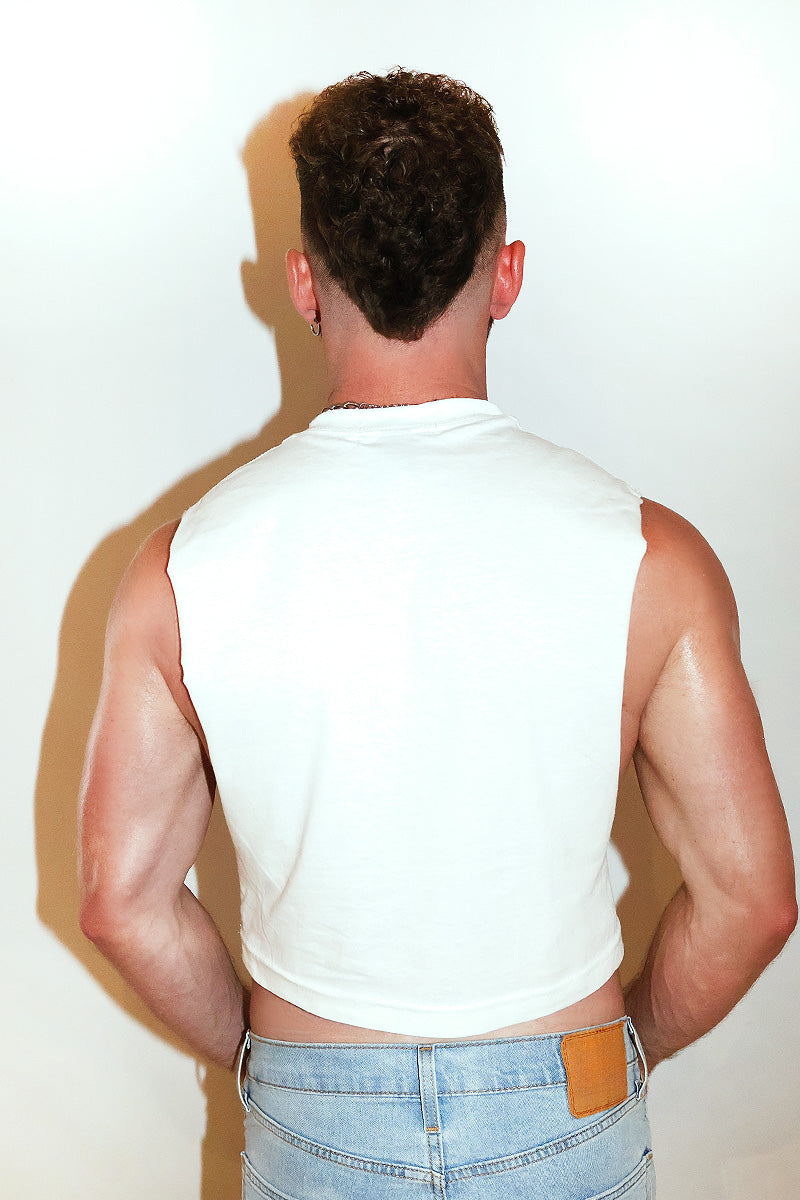 He Him Hole Crop Low Armhole Tank- White
