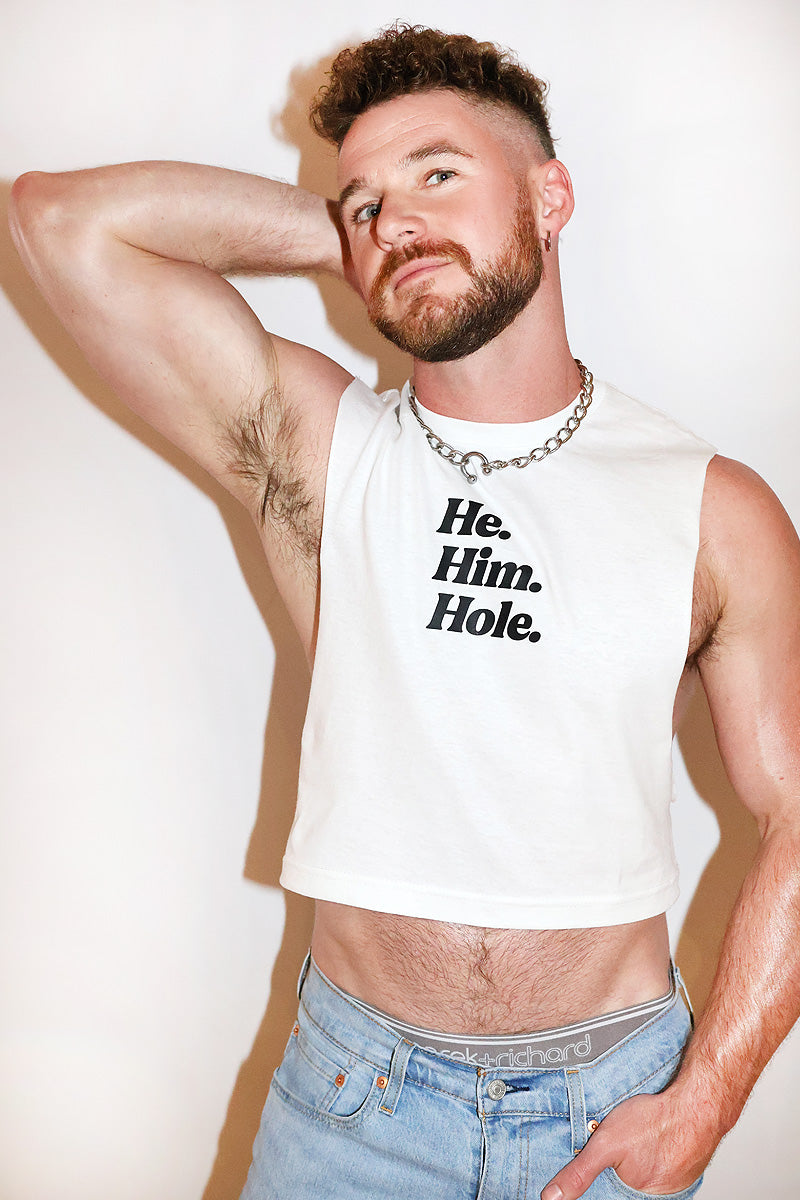 He Him Hole Crop Low Armhole Tank- White