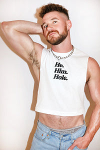 He Him Hole Crop Low Armhole Tank- White