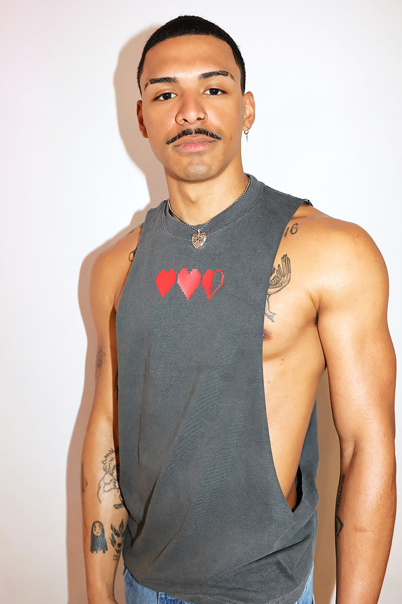 Gamer Hearts Vintage Low Arm Shedder Tank- Black