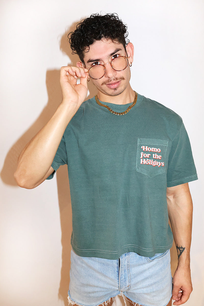 Homo For The Holigays Oversized Box Vintage Crop Tee- Dark Green