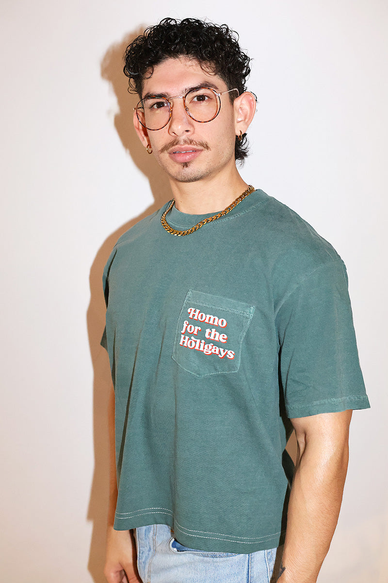 Homo For The Holigays Oversized Box Vintage Crop Tee- Dark Green