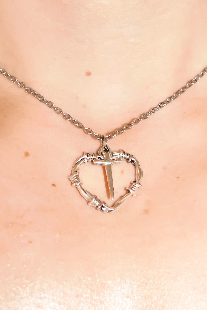 Thorny Dagger Hearts Necklace - Silver