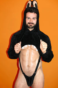 Laboyboy Furry Monster Hoodie Strap Thong Bodysuit- Midnight
