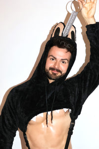 Laboyboy Furry Monster Hoodie Strap Thong Bodysuit- Midnight