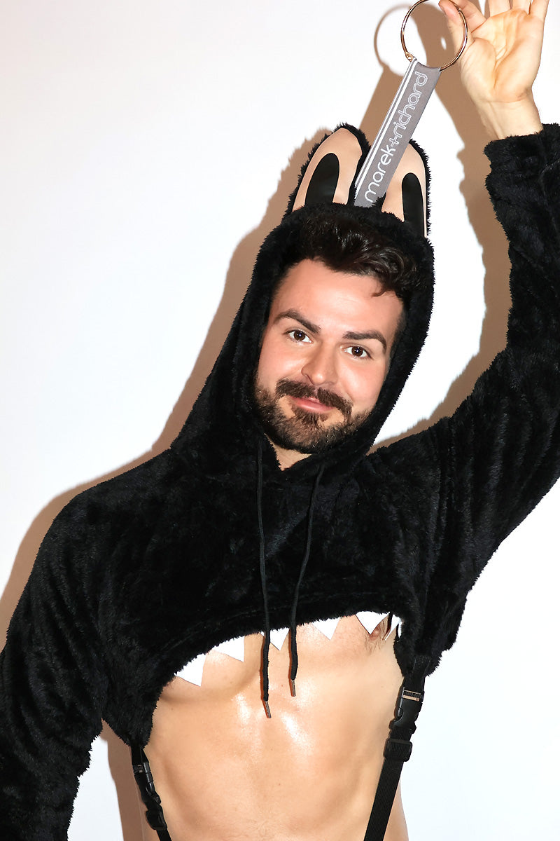 Laboyboy Furry Monster Hoodie Strap Thong Bodysuit- Midnight