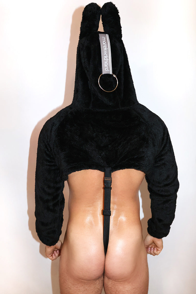 Laboyboy Furry Monster Hoodie Strap Thong Bodysuit- Midnight
