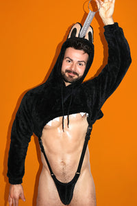 Laboyboy Furry Monster Hoodie Strap Thong Bodysuit- Midnight