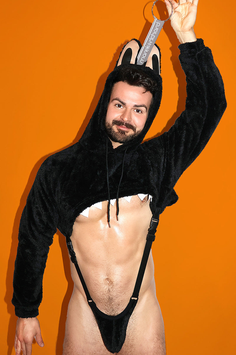 Laboyboy Furry Monster Hoodie Strap Thong Bodysuit- Midnight