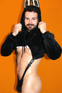 Laboyboy Furry Monster Hoodie Strap Thong Bodysuit- Midnight