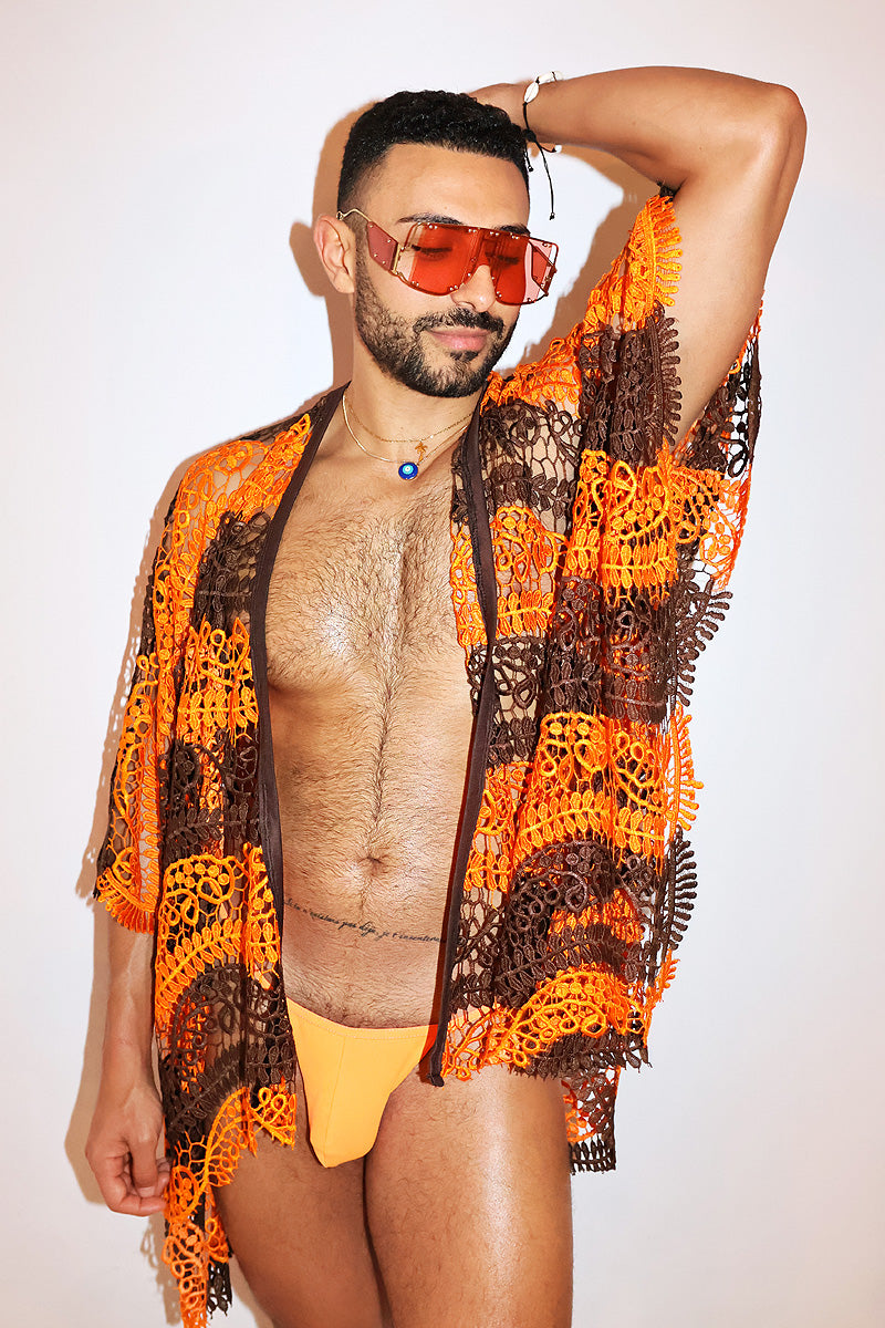 Citrus Season Lace Fringe Kaftan Lounge Robe - Brown