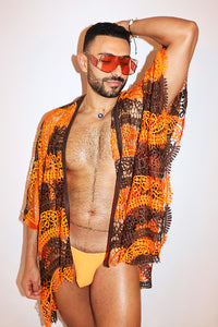 Citrus Season Lace Fringe Kaftan Lounge Robe - Brown