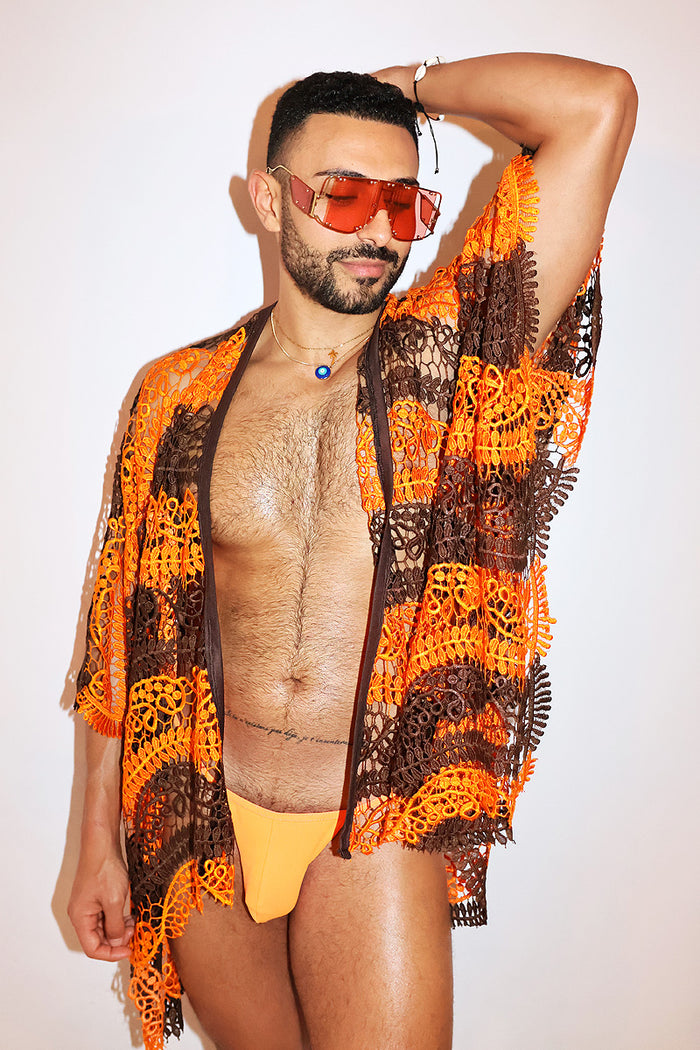 Citrus Season Lace Fringe Kaftan Lounge Robe - Brown