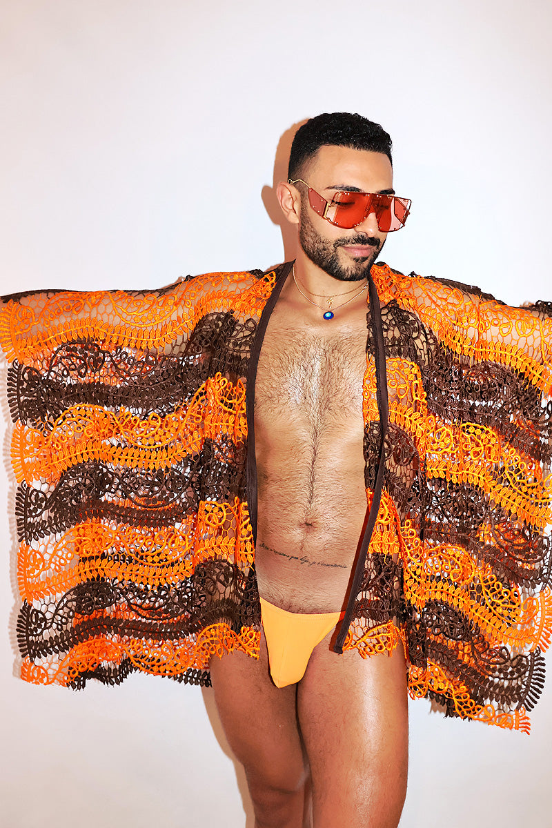 Citrus Season Lace Fringe Kaftan Lounge Robe - Brown